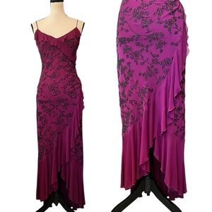 Vintage Betsey Johnson Evening Sheer Mesh Beaded Floral Ruffle Maxi Slip Dress
